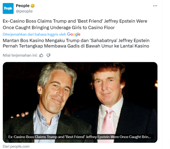 Unggahan media sosial People terkait pemberitaan Trump dan Epstein. (X @people)